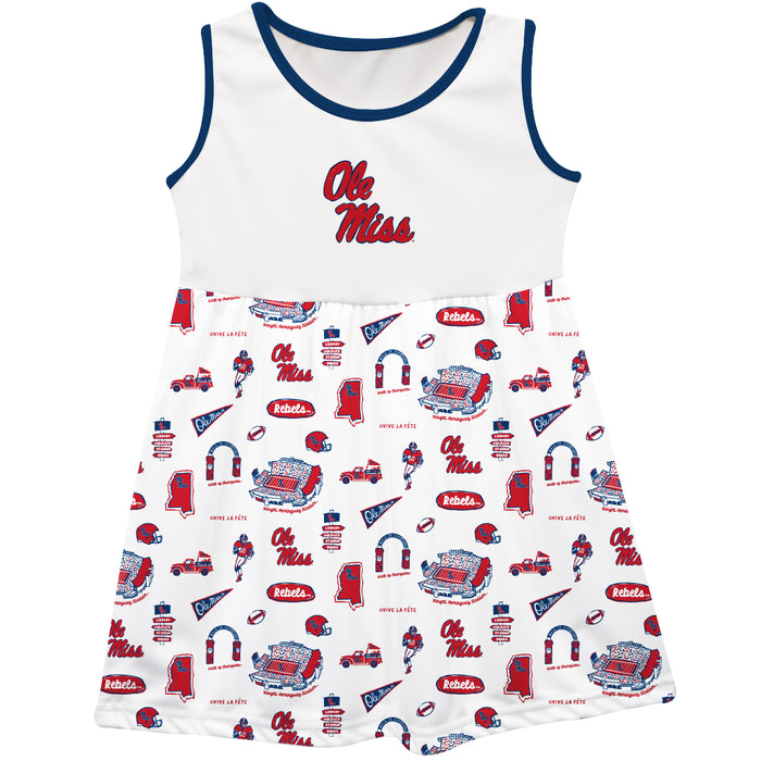 Ole Miss Rebels Sleeveless Tank Dress Girls White Repeat Print Hand Sketched Vive La Fete Impressions