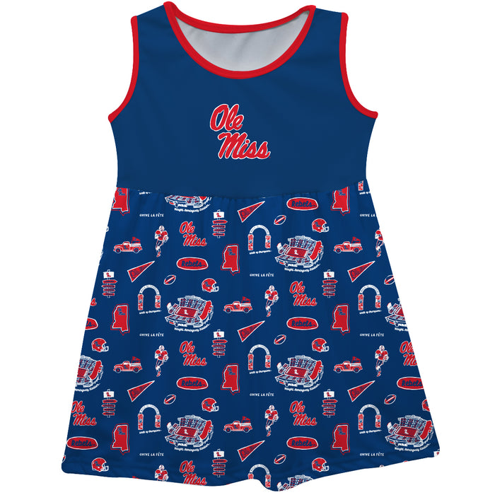 Ole Miss Rebels Sleeveless Tank Dress Girls Blue Repeat Print Hand Sketched Vive La Fete Impressions