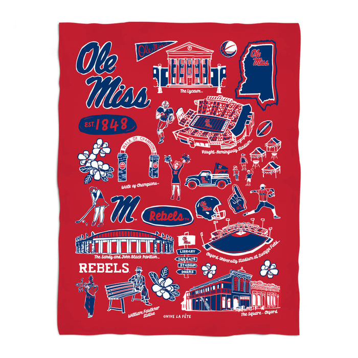 Ole Miss Rebels Red Hand Sketched Vive La Fete Impressions Artwork Plush Soft Minky Blanket 36 x 48