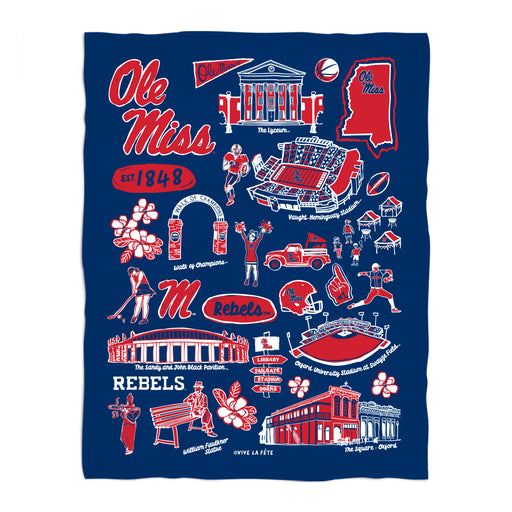 Ole Miss Rebels Navy Hand Sketched Vive La Fete Impressions Artwork Plush Soft Minky Blanket 36 x 48