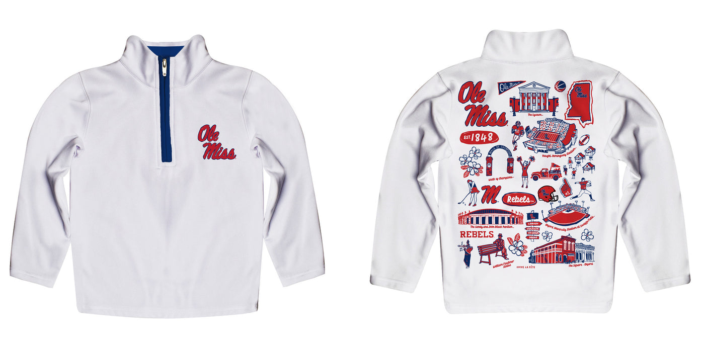 Ole Miss Rebels Hand Sketched Vive La Fete Impressions Artwork White Quarter Zip Pullover V1