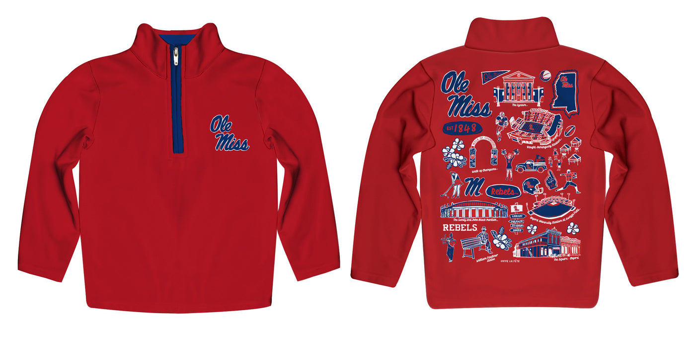 Ole Miss Rebels Hand Sketched Vive La Fete Impressions Artwork Red Boys Quarter Zip Pullover V1