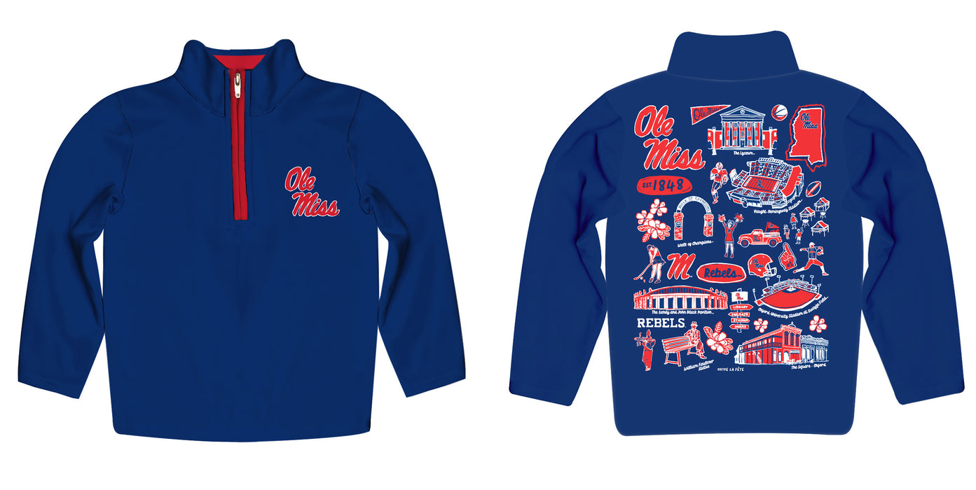 Ole Miss Rebels Hand Sketched Vive La Fete Impressions Artwork Blue Boys Quarter Zip Pullover V1