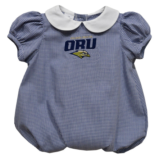 Oral Roberts University Golden Eagles Embroidered Navy Gingham Girls Baby Bubble Short Sleeve