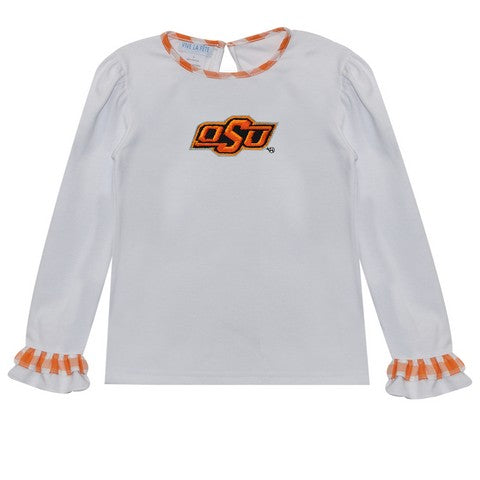 Oklahoma State Emb Knit White Ruffle Girls Tee Long Sleeve