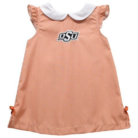 Oklahoma State Embroidery Orange Gingham Girls A Line Dress