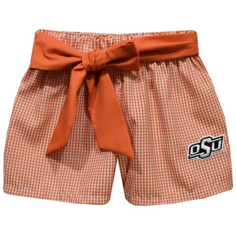 Oklahoma State Embroidered Orange Gingham Girls Short With Sash