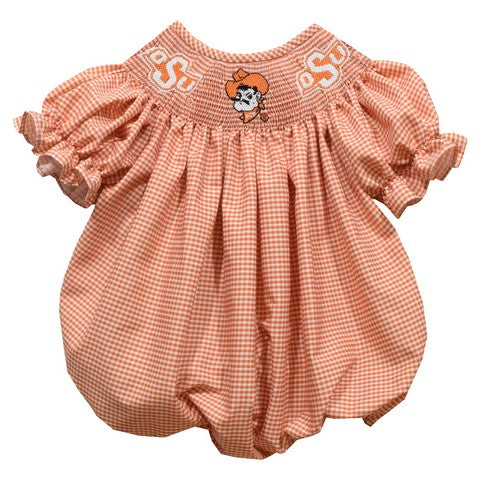 Oklahoma State Smocked Orange Gingham Short Sleeve Girls Bubble