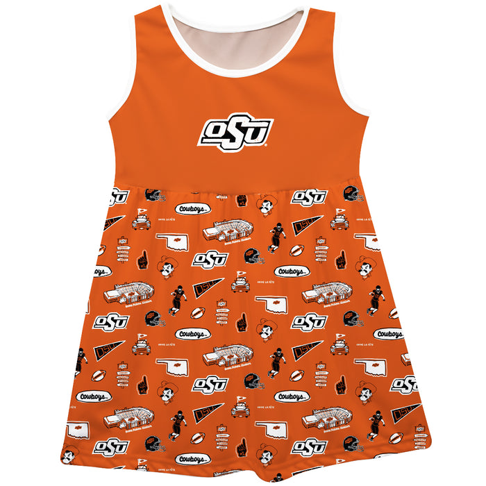 OSU Cowboys Sleeveless Tank Dress Girls Orange Repeat Print Hand Sketched Vive La Fete Impressions