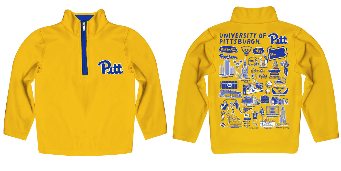 Pittsburgh Panthers UP Hand Sketched Vive La Fete Impressions Artwork Gold Boys Quarter Zip Pullover V1