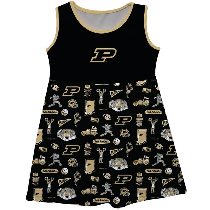 Purdue University Boilermakers Sleeveless Tank Dress Girls Black Repeat Print Hand Sketched Vive La Fete Impressions