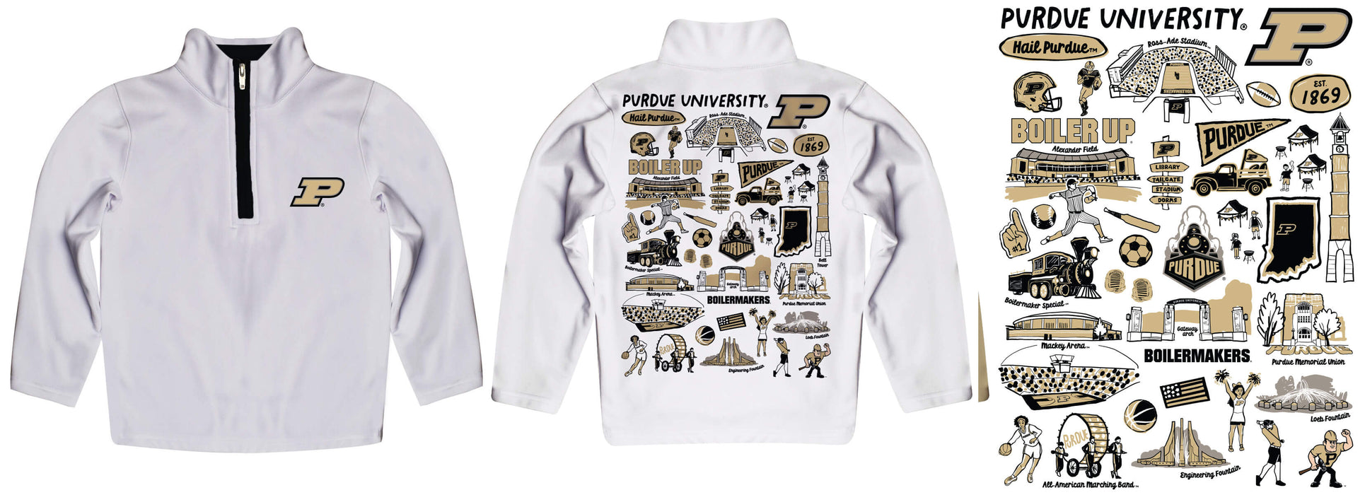 Purdue University Boilermakers Hand Sketched Vive La Fete Impressions Artwork White Boys Quarter Zip Pullover V1