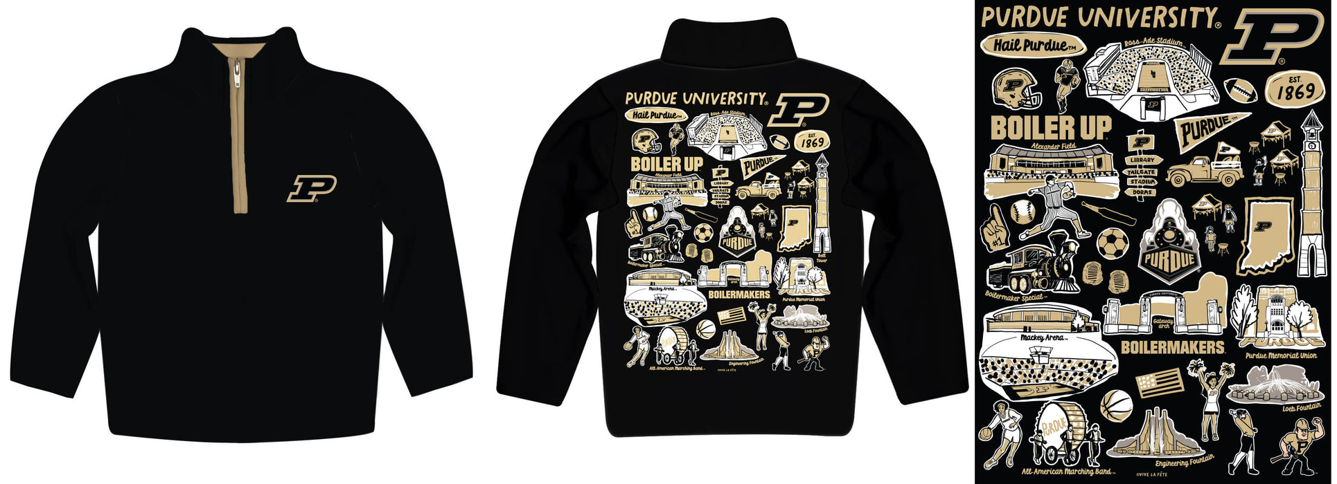 Purdue University Boilermakers Hand Sketched Vive La Fete Impressions Artwork Black Boys Quarter Zip Pullover V1