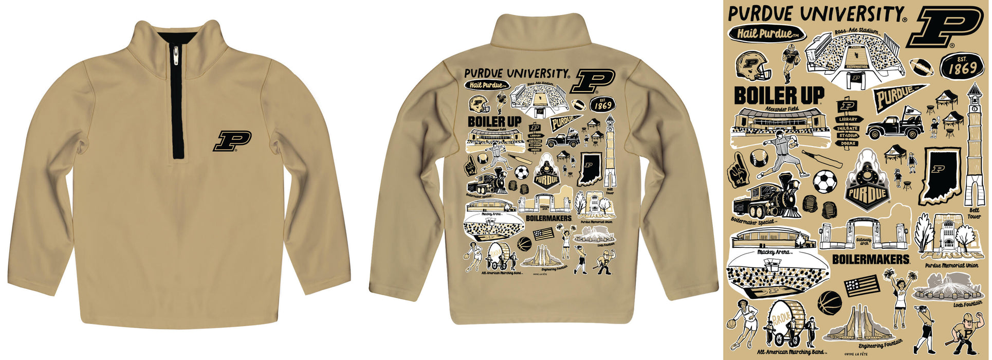 Purdue University Boilermakers Hand Sketched Vive La Fete Impressions Artwork Gold Boys Quarter Zip Pullover V1