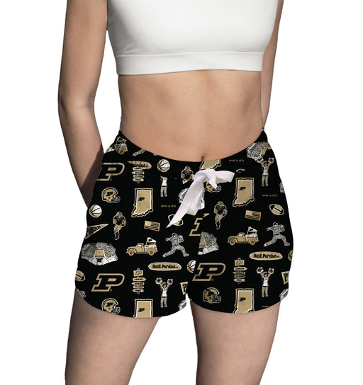 Purdue University Boilermakers Repeat Print Hand Sketched Vive La Fete Impressions Artwork Womens Black Lounge Shorts