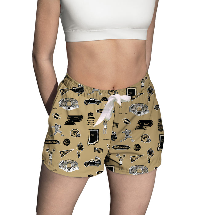 Purdue University Boilermakers Repeat Print Hand Sketched Vive La Fete Impressions Artwork Womens Gold Lounge Shorts