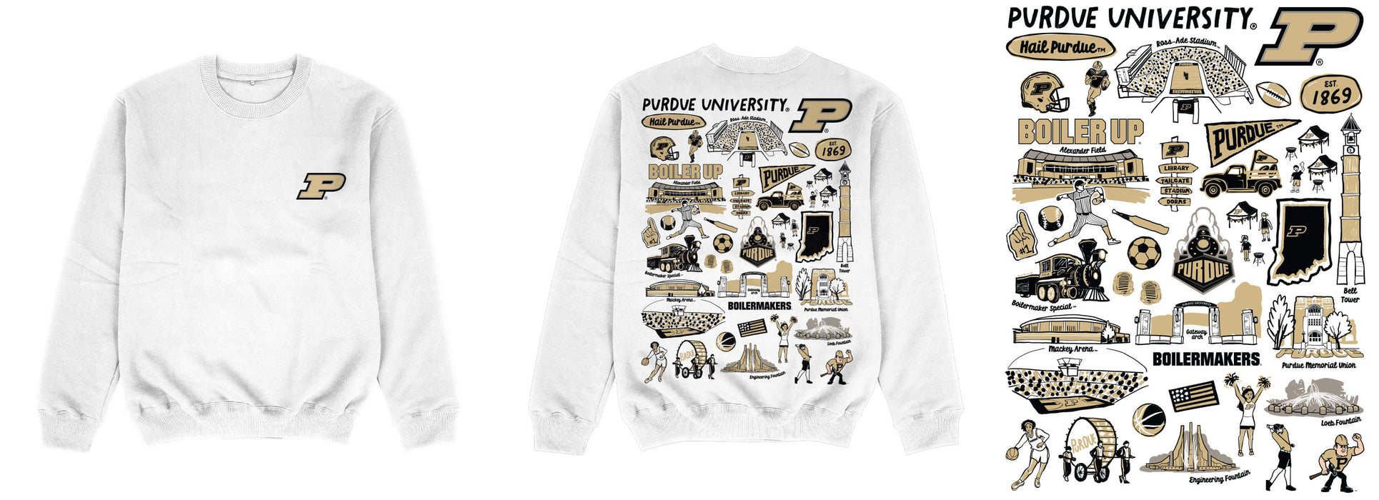 Purdue University Boilermakers Hand Sketched Impressions Artwork White Crewneck Sweatshirt for Women