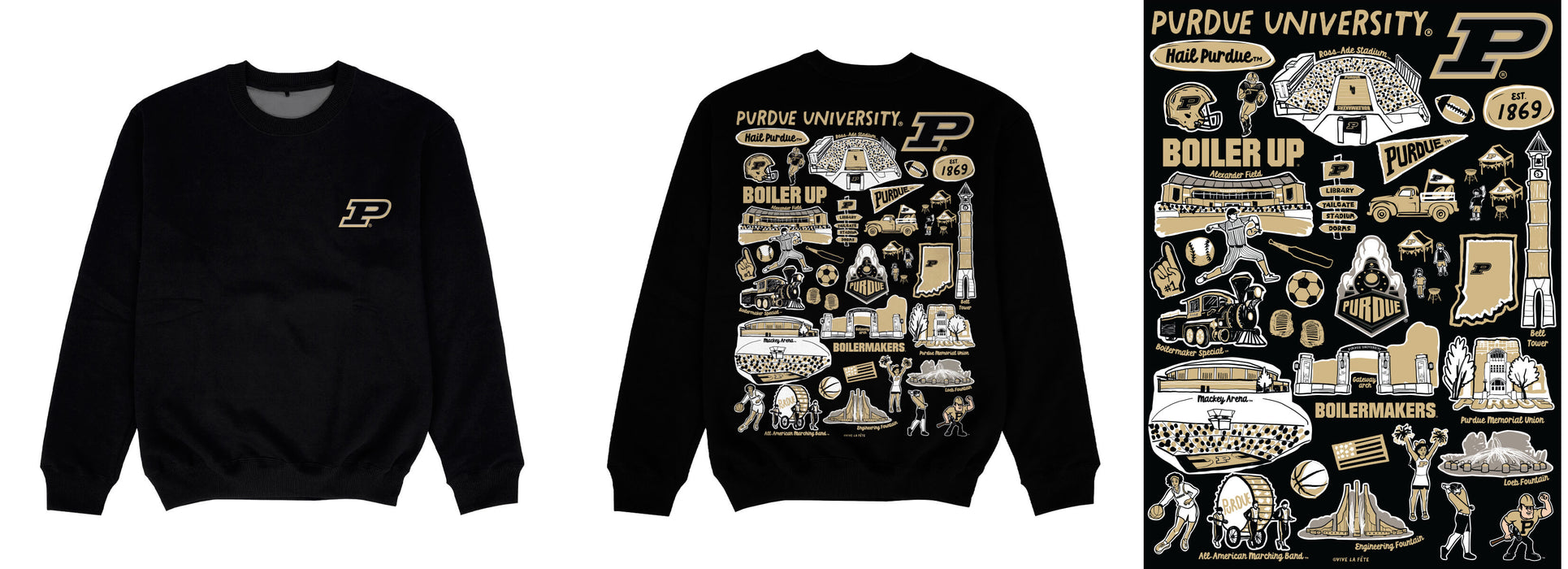 Purdue University Boilermakers Hand Sketched Impressions Artwork Black Crewneck Sweatshirt for Women