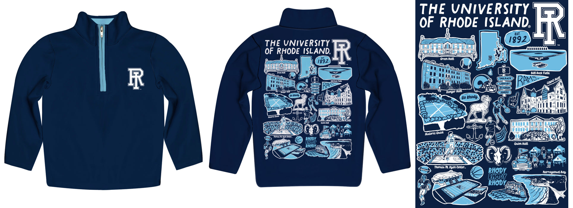 Rhode Island Rams Hand Sketched Vive La Fete Impressions Artwork Navy Boys Quarter Zip Pullover V1