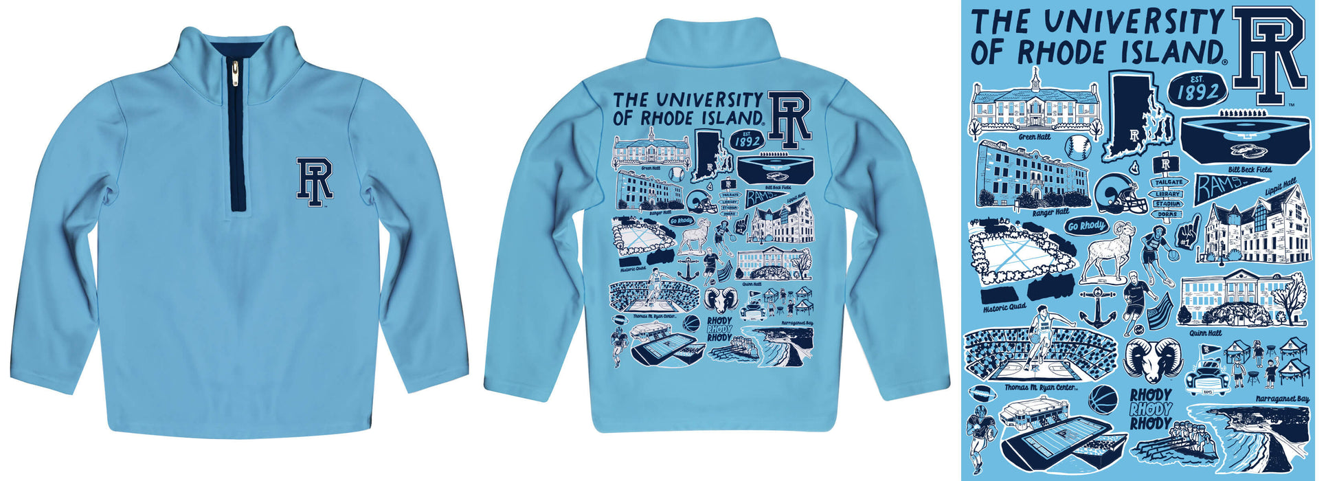 Rhode Island Rams Hand Sketched Vive La Fete Impressions Artwork  Light Blue Boys Quarter Zip Pullover V1