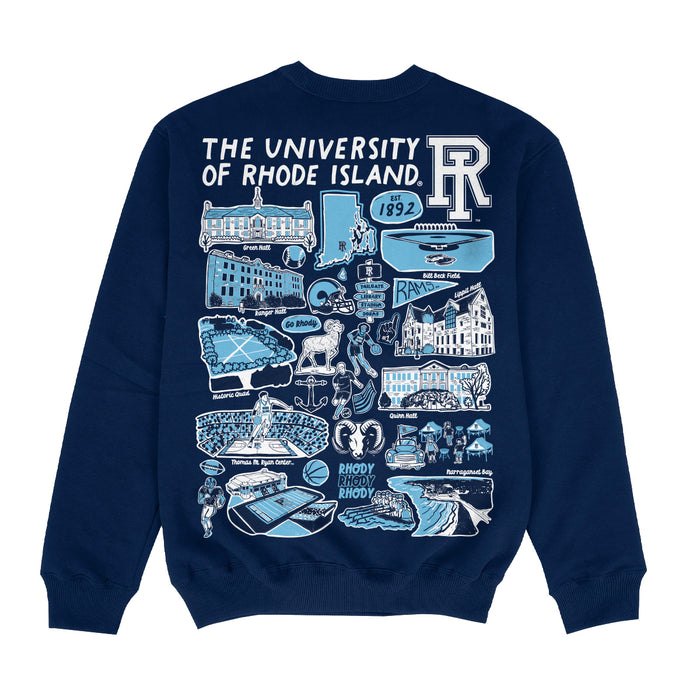 Rhode Island Rams Hand Sketched Impressions Artwork Navy Crewneck Sweatshirt for Women