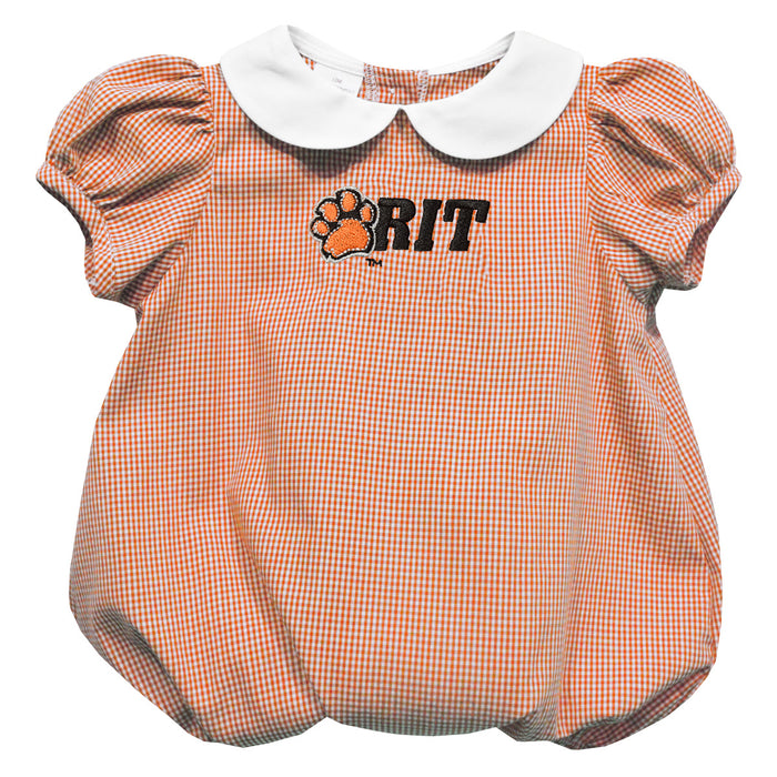 Rochester Institute of Technology Tigers Embroidered Orange Gingham Girls Baby Bubble Short Sleeve