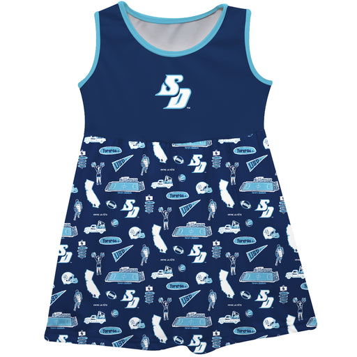 San Diego Toreros Sleeveless Tank Dress Girls Blue Repeat Print Hand Sketched Vive La Fete Impressions