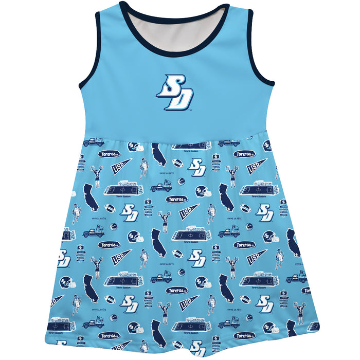 San Diego Toreros Sleeveless Tank Dress Girls Light Blue Repeat Print Hand Sketched Vive La Fete Impressions