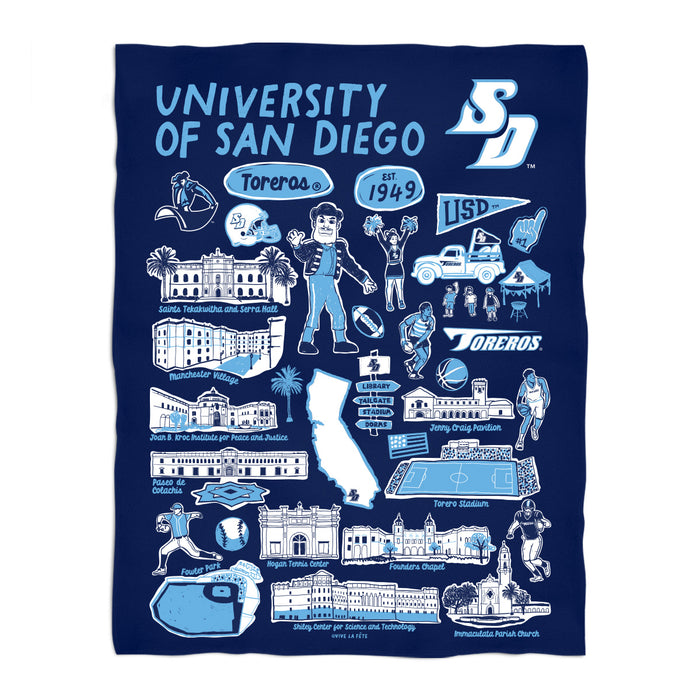 University of San Diego Toreros Navy Hand Sketched Vive La Fete Impressions Artwork Plush Soft Minky Blanket 36 x 48