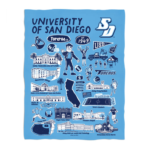 University of San Diego Toreros Light Blue Hand Sketched Vive La Fete Impressions Artwork Plush Soft Minky Blanket 36x48