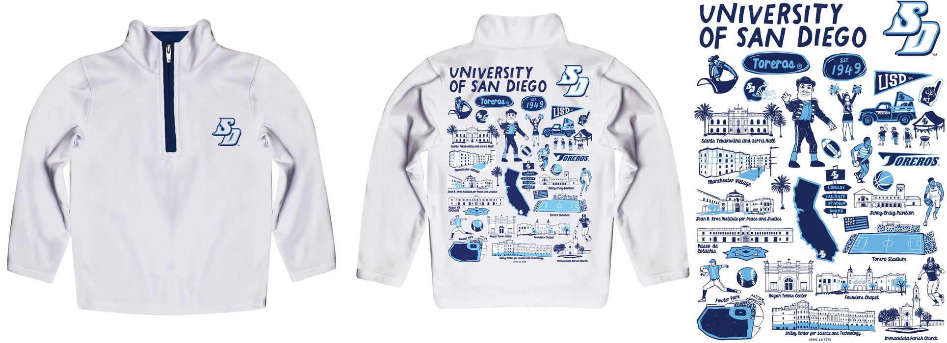 San Diego Toreros Hand Sketched Vive La Fete Impressions Artwork  White Boys Quarter Zip Pullover V1