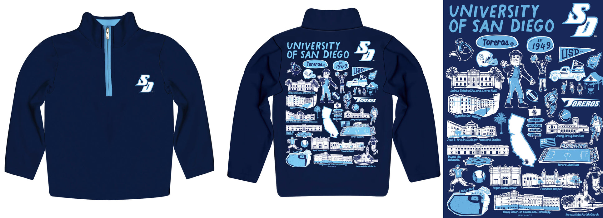 San Diego Toreros Hand Sketched Vive La Fete Impressions Artwork Blue Boys Quarter Zip Pullover V1