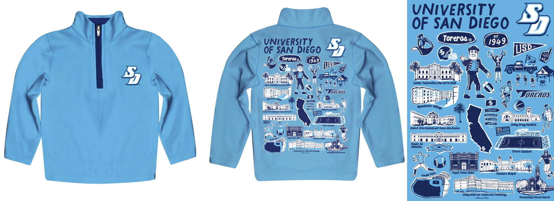 San Diego Toreros Hand Sketched Vive La Fete Impressions Artwork  Light Blue Boys Quarter Zip Pullover V1