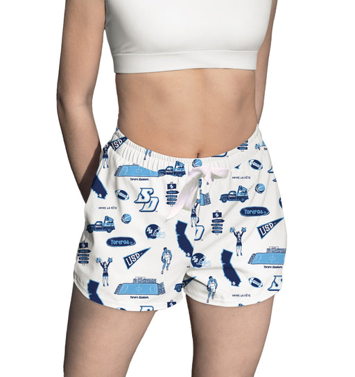 San Diego Toreros Repeat Print Hand Sketched Vive La Fete Impressions Artwork Womens White Lounge Shorts