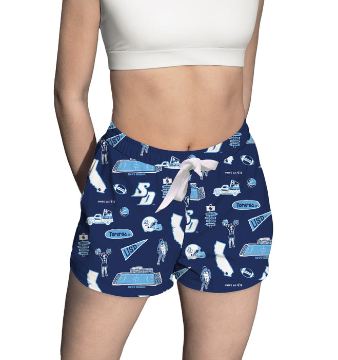 San Diego Toreros Repeat Print Hand Sketched Vive La Fete Impressions Artwork Womens Blue Lounge Shorts