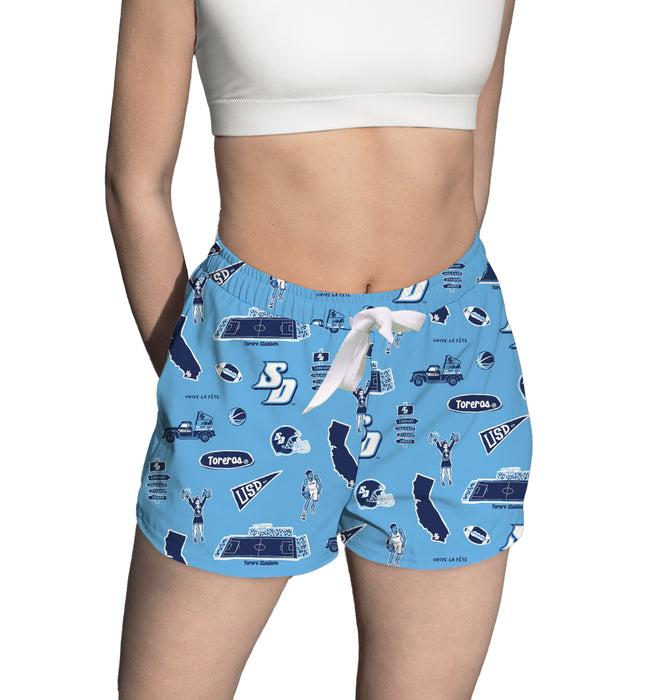 San Diego Toreros Repeat Print Hand Sketched Vive La Fete Impressions Artwork Womens Light Blue Lounge Shorts