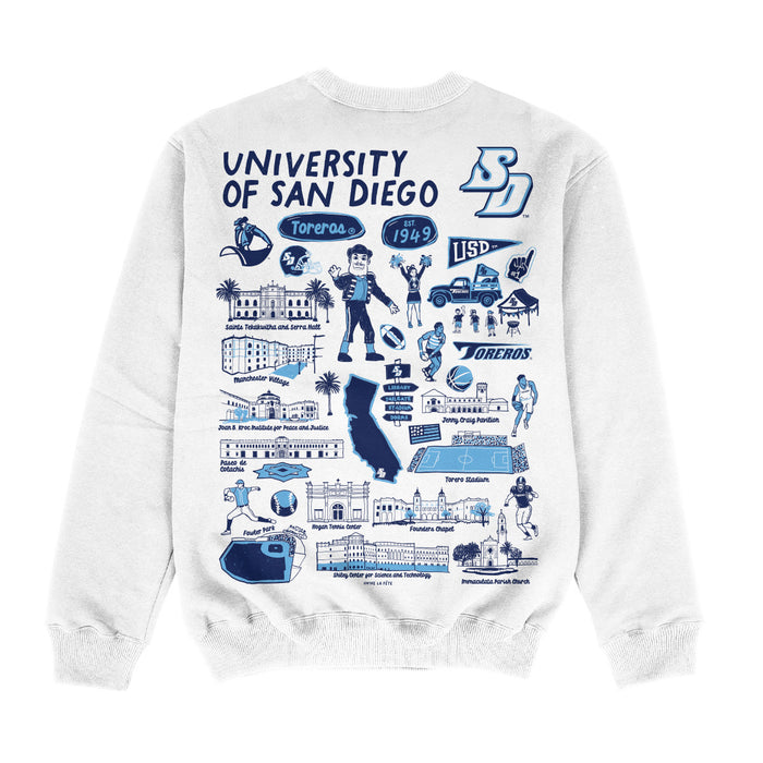 San Diego Toreros Hand Sketched Impressions Artwork White Crewneck Sweatshirt for Women