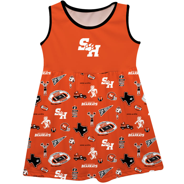 Sam Houston Bearkats Sleeveless Tank Dress Girls Orange Repeat Print Hand Sketched Vive La Fete Impressions