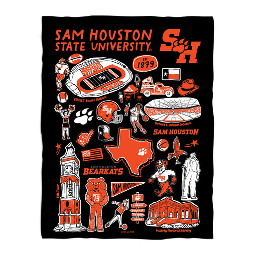 Sam Houston Bearkats Black Hand Sketched Vive La Fete Impressions Artwork Plush Soft Minky Blanket 36 x 48