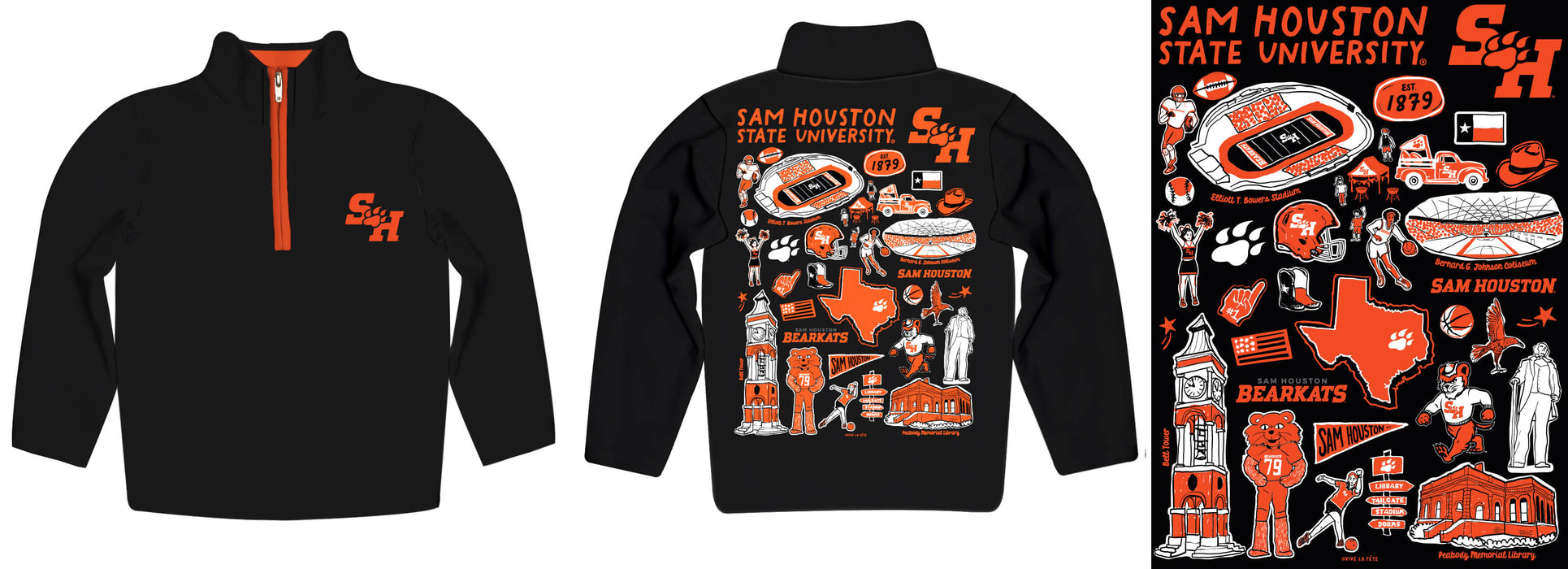 Sam Houston Bearkats Hand Sketched Vive La Fete Impressions Artwork Black Boys Quarter Zip Pullover V1