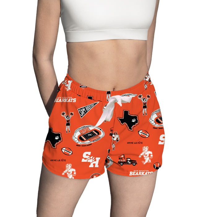 Sam Houston Bearkats Repeat Print Hand Sketched Vive La Fete Impressions Artwork Womens Orange Lounge Shorts