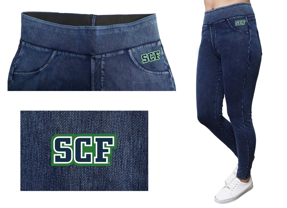 State College of Florida Manatees Vive La Fete Game Day Collegiate Logo on Fake Pocket Women Blue Jeggings