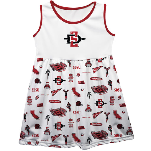 San Diego State University Aztecs Sleeveless Tank Dress Girls White Repeat Print Hand Sketched Vive La Fete Impressions