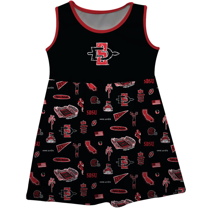 San Diego State University Aztecs Sleeveless Tank Dress Girls Black Repeat Print Hand Sketched Vive La Fete Impressions