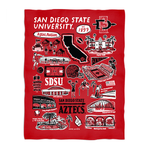 San Diego State University Aztecs Red Hand Sketched Vive La Fete Impressions Artwork Plush Soft Minky Blanket 36x48