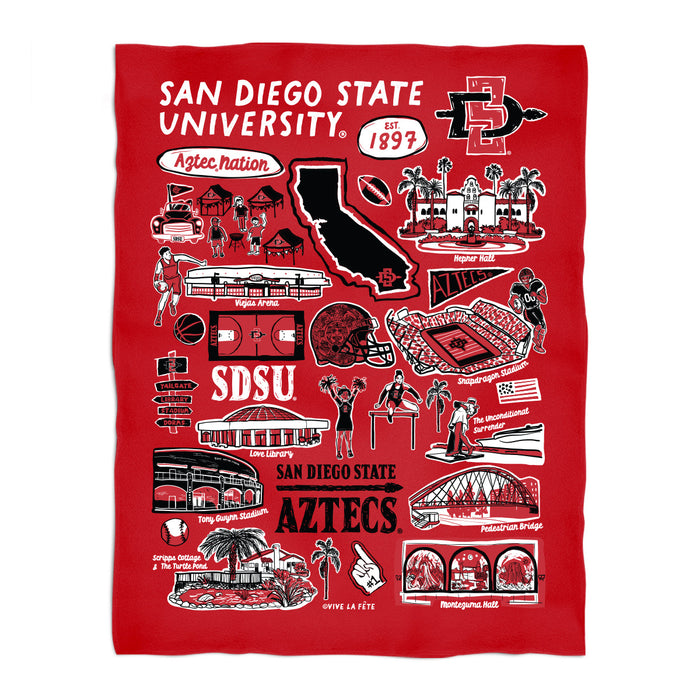 San Diego State University Aztecs Red Hand Sketched Vive La Fete Impressions Artwork Plush Soft Minky Blanket 36x48