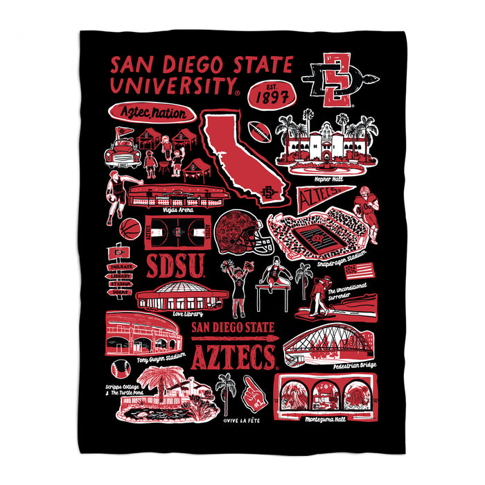 San Diego State University Aztecs Black Hand Sketched Vive La Fete Impressions Artwork Plush Soft Minky Blanket 36x48