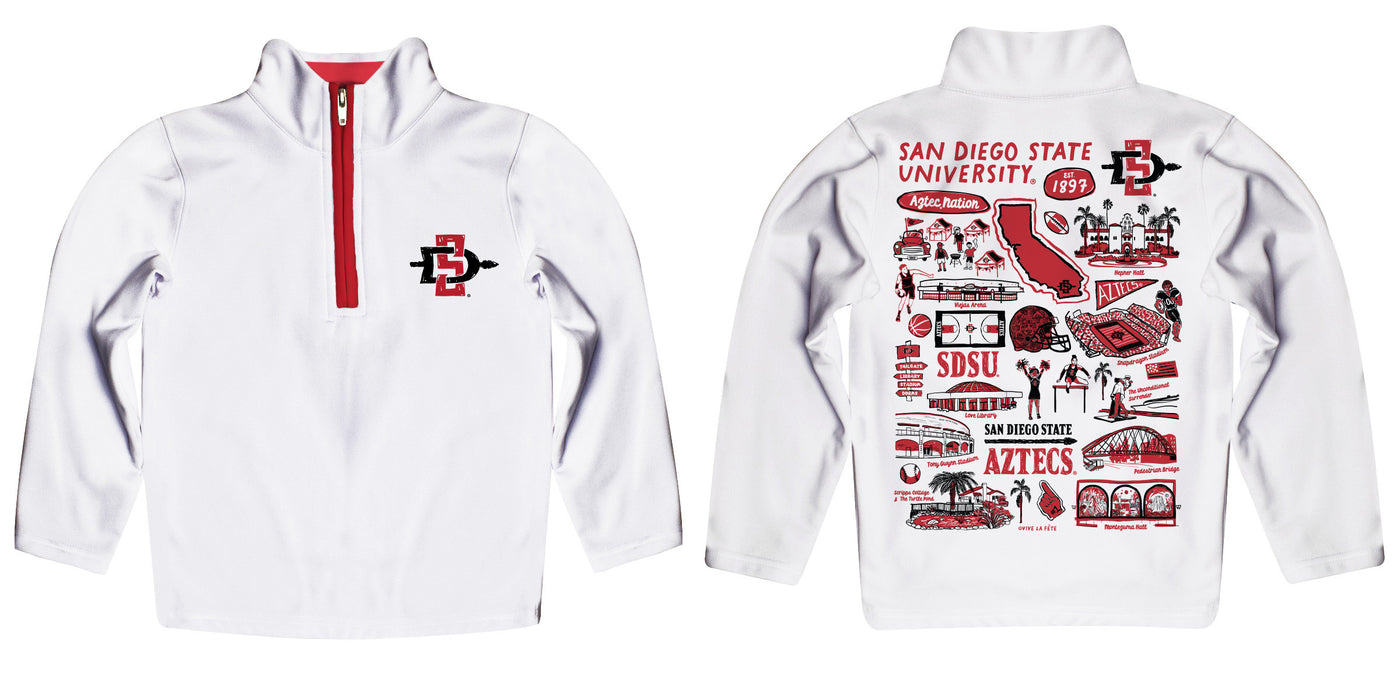 San Diego State University Aztecs SDSU Hand Sketched Vive La Fete Impressions Artwork White Boys Quarter Zip Pullover V1