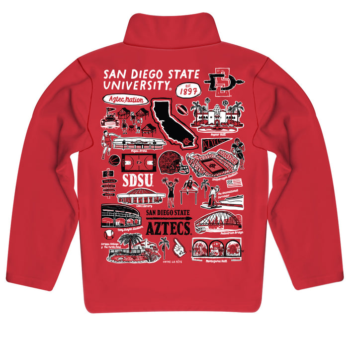 San Diego State University Aztecs SDSU Hand Sketched Vive La Fete Impressions Artwork Red Boys Quarter Zip Pullover V1