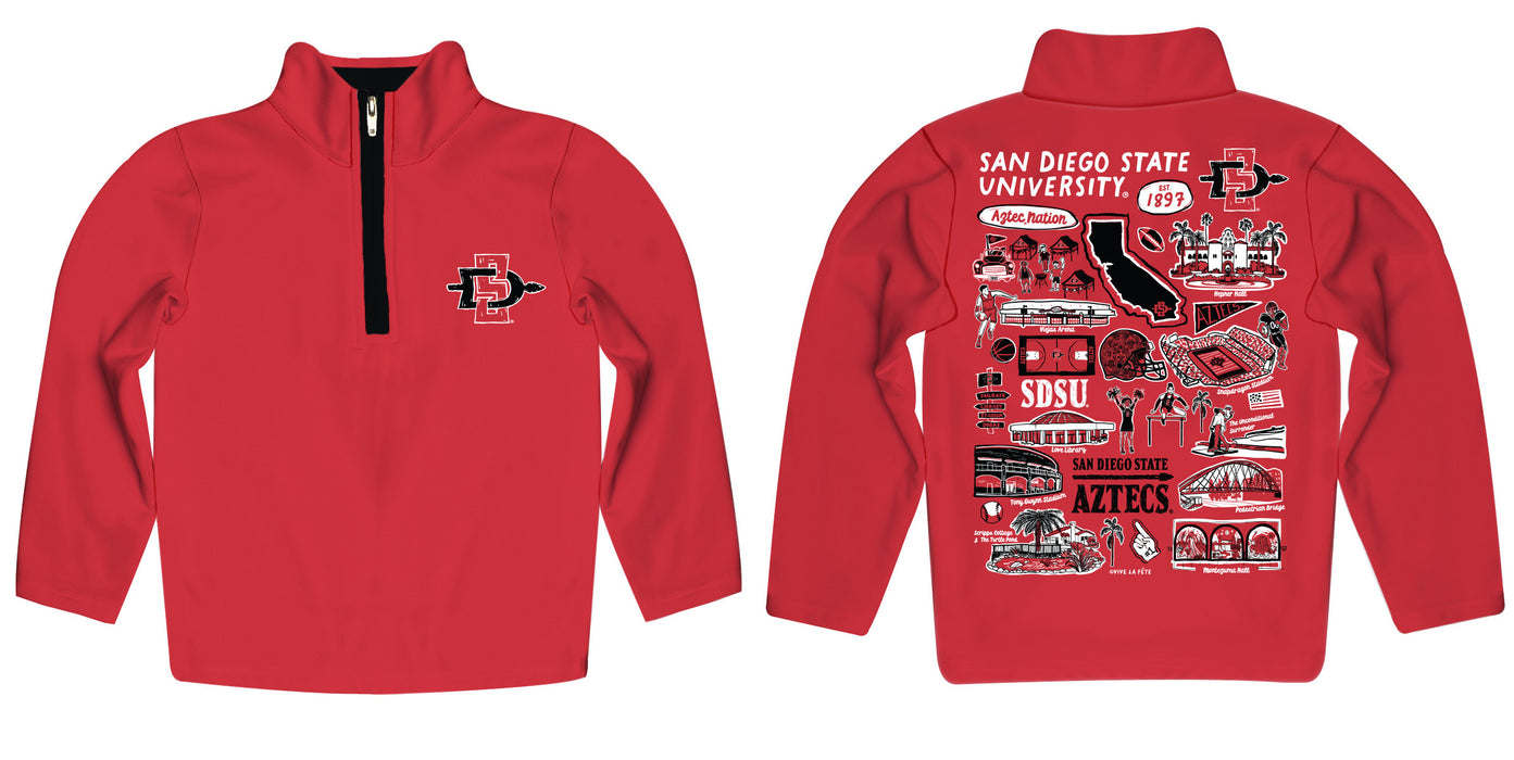 San Diego State University Aztecs SDSU Hand Sketched Vive La Fete Impressions Artwork Red Boys Quarter Zip Pullover V1